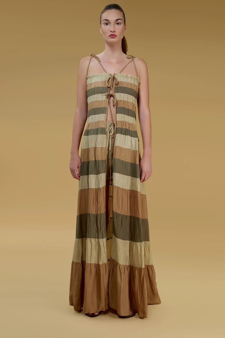 Phoebe Multi Striped Tie Front Maxi Length Top