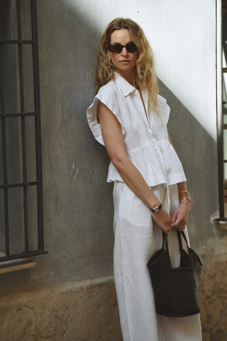 Galia Ecru Linen Tie Short Sleeve Shirt