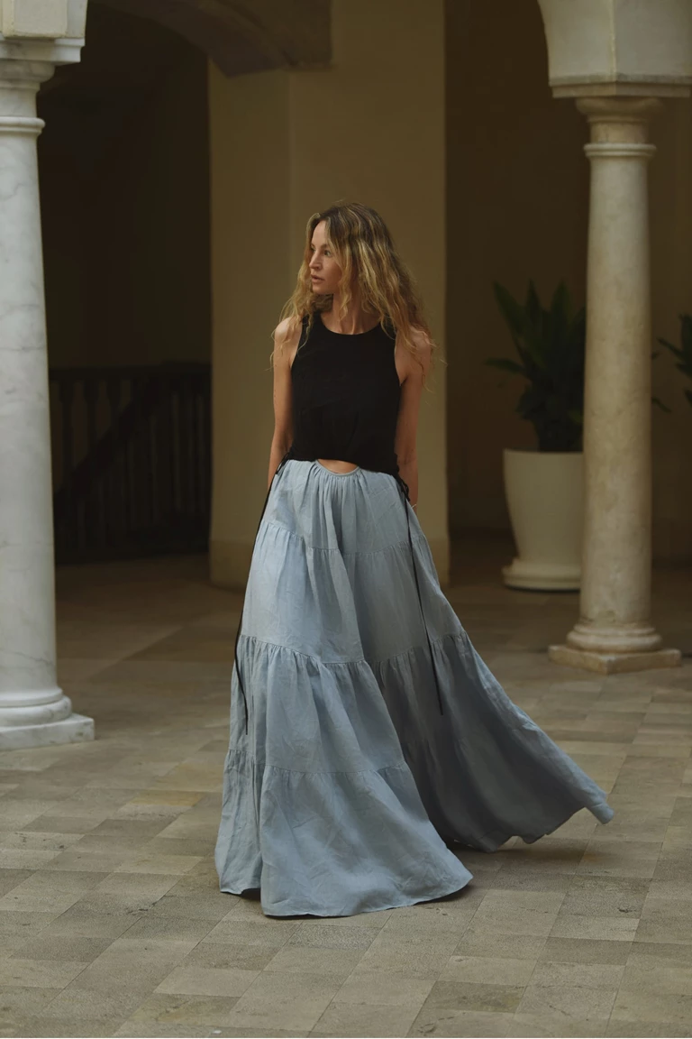 Tamsin Linen Black and Dusty Blue Split Maxi Dress