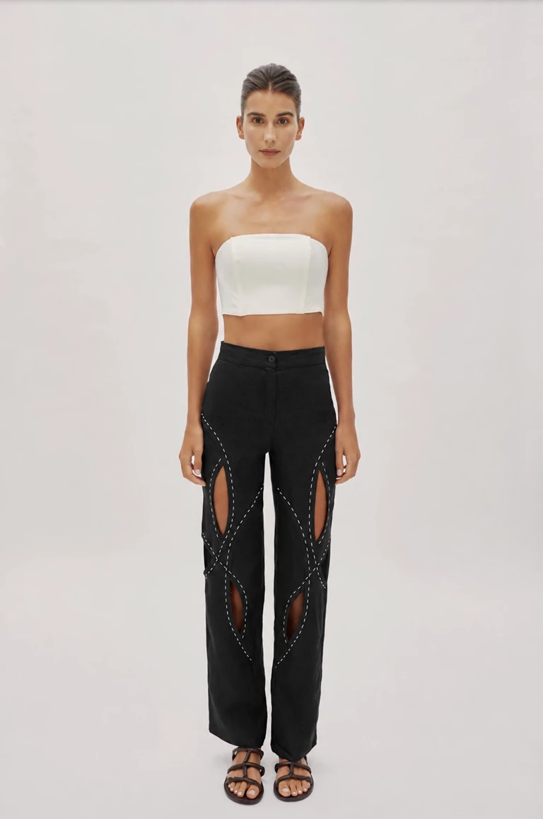 Asher Black Linen Cut Out Contrast Stitch Pants