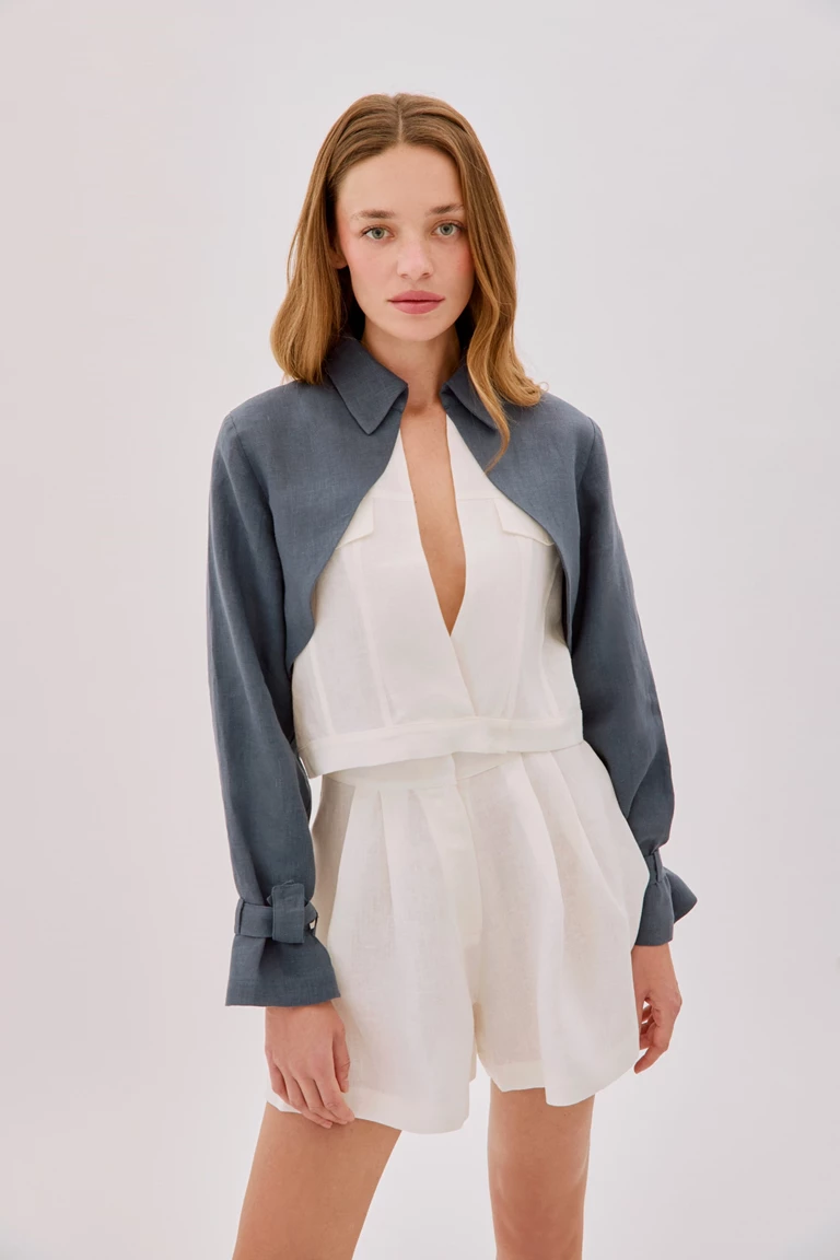 Claudia Ecru and Indigo Linen Layered Jacket