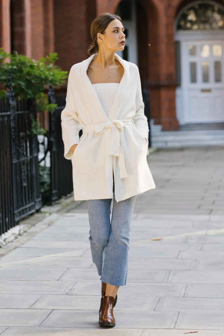 Amelia Ecru Wool-Blend Ribbed Cardigan