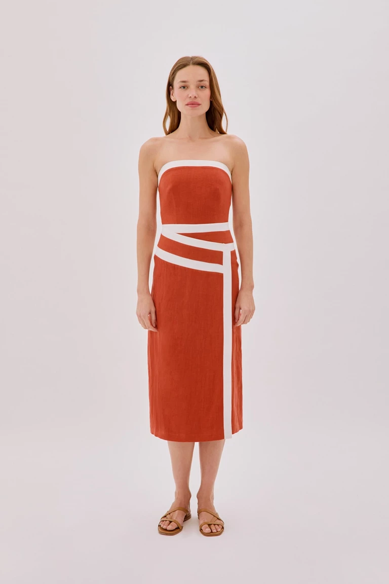 Elena Strapless Terracotta Linen Tape Dress