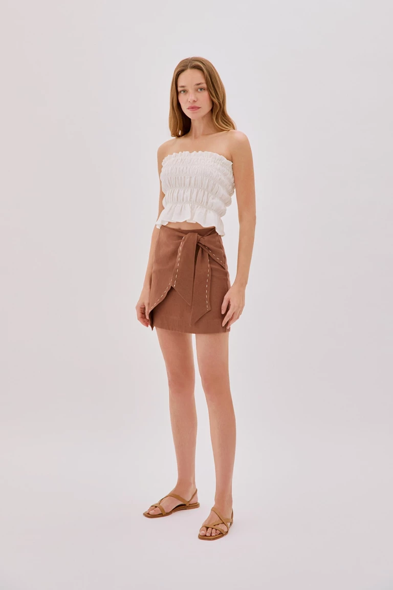 Asher Cappuccino Linen Cut Out Contrast Stitch Wrap Skirt