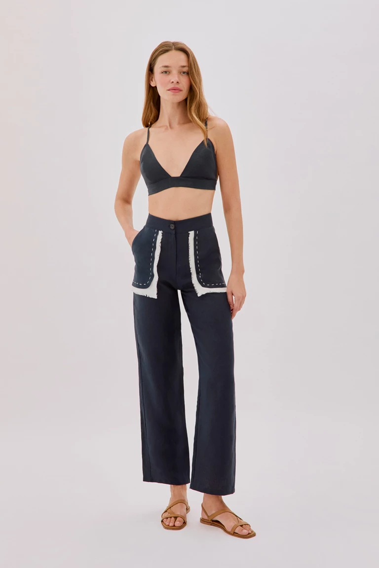 Harley Navy Linen Fringe Pocket Pants