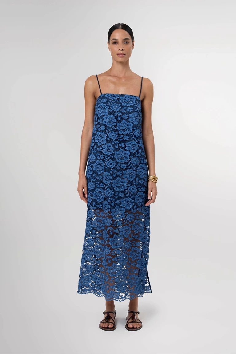 Bella Washed Indigo Lace Maxi Dress