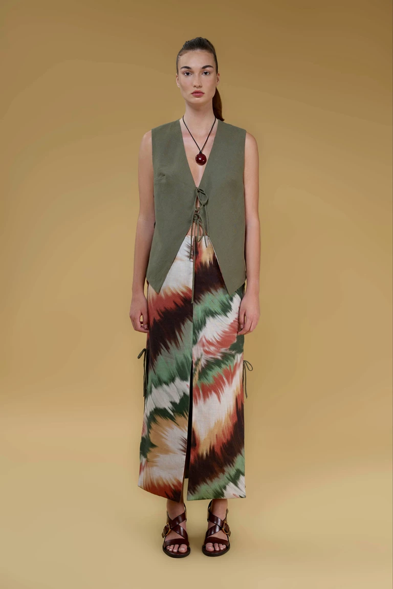 Anna Printed Reverseble Linen Midi Skirt