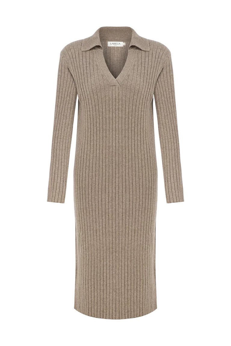 Naomi Coffee V Neck Cashmere-Blend Midi Dress