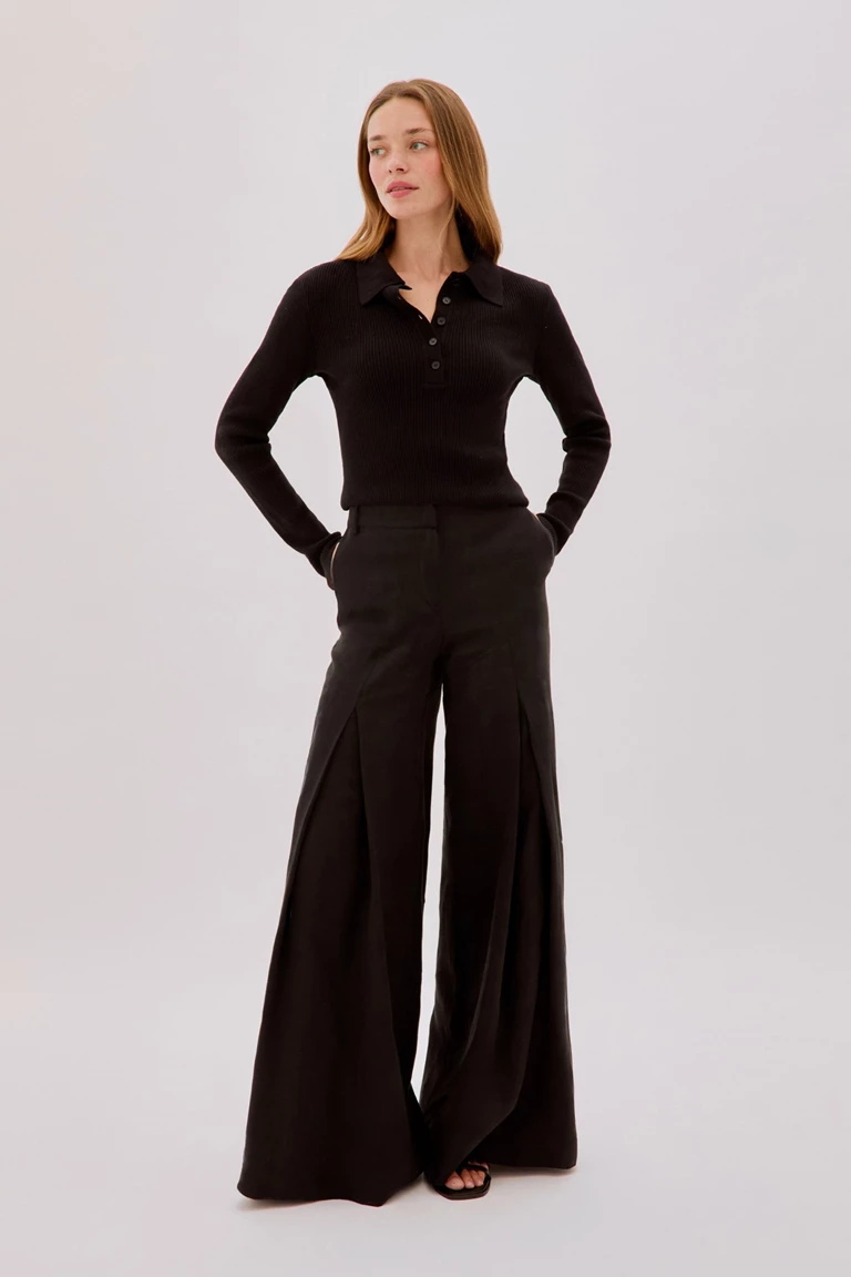Polly Black Linen Open Flare Pants