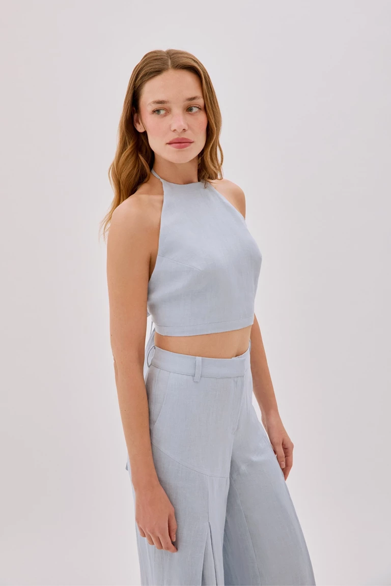 Polly Dusty Blue Linen Backless Crop Top