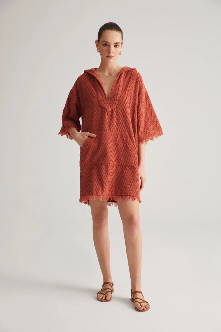 Terracotta Zig Zag Terry Hooded Dress