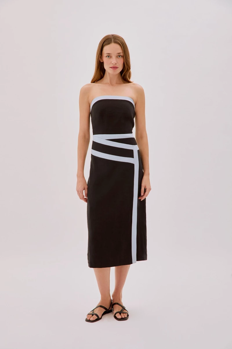Elena Strapless Black Linen Tape Dress