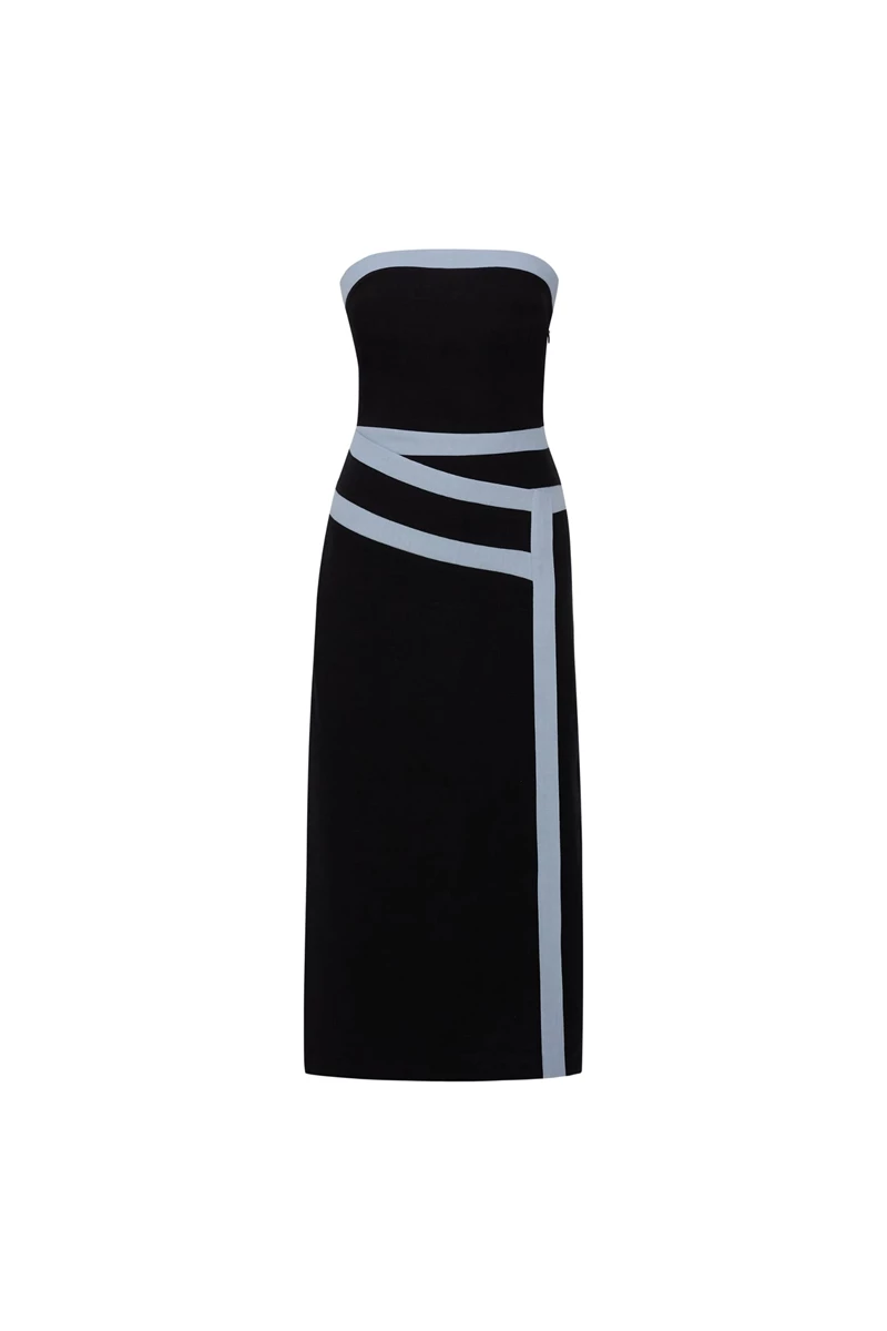 Elena Strapless Black Linen Tape Dress