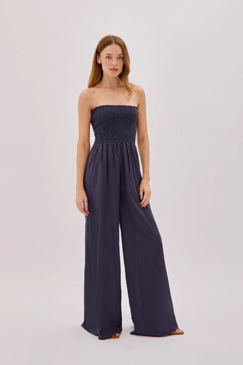 Mare Navy Cotton Shirred Jumpsuit