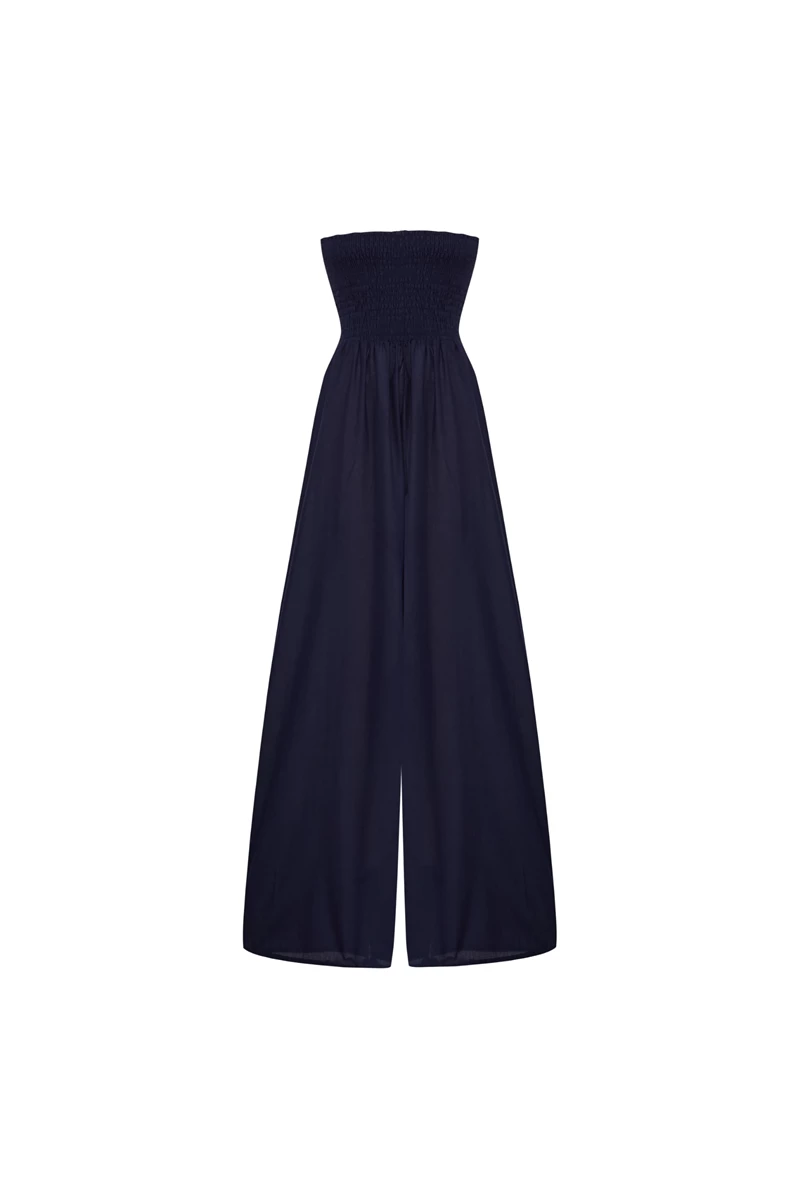 Mare Navy Cotton Shirred Jumpsuit