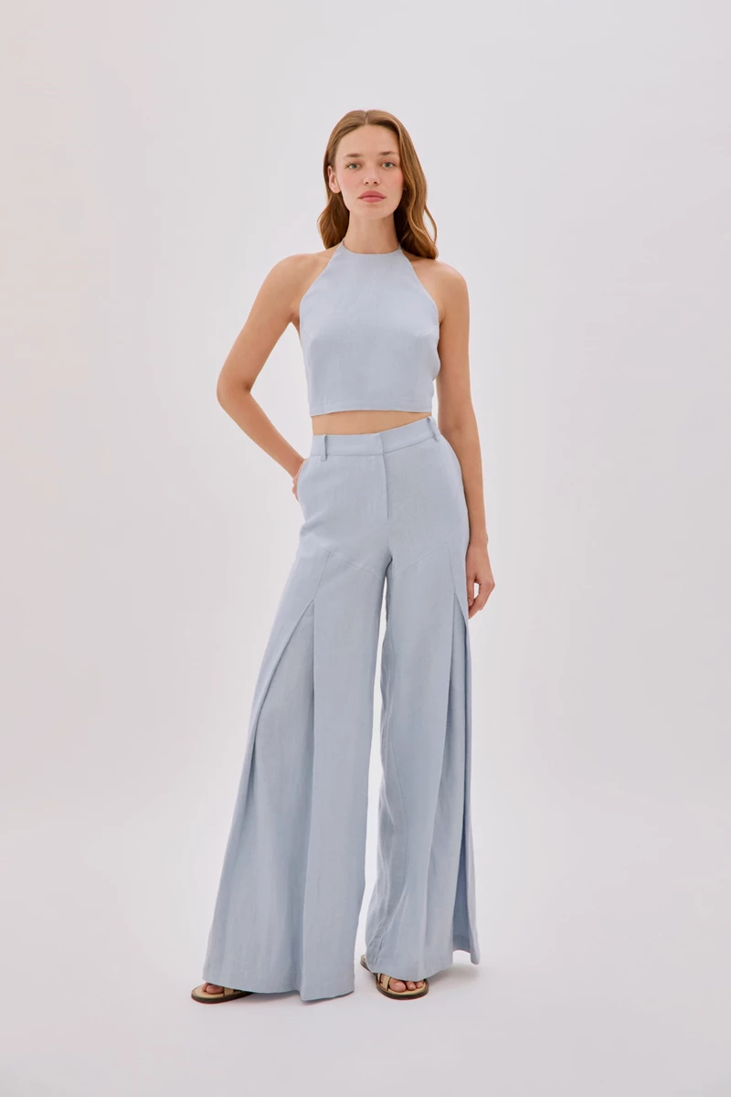 Polly Dusty Blue Linen Open Flare Pants