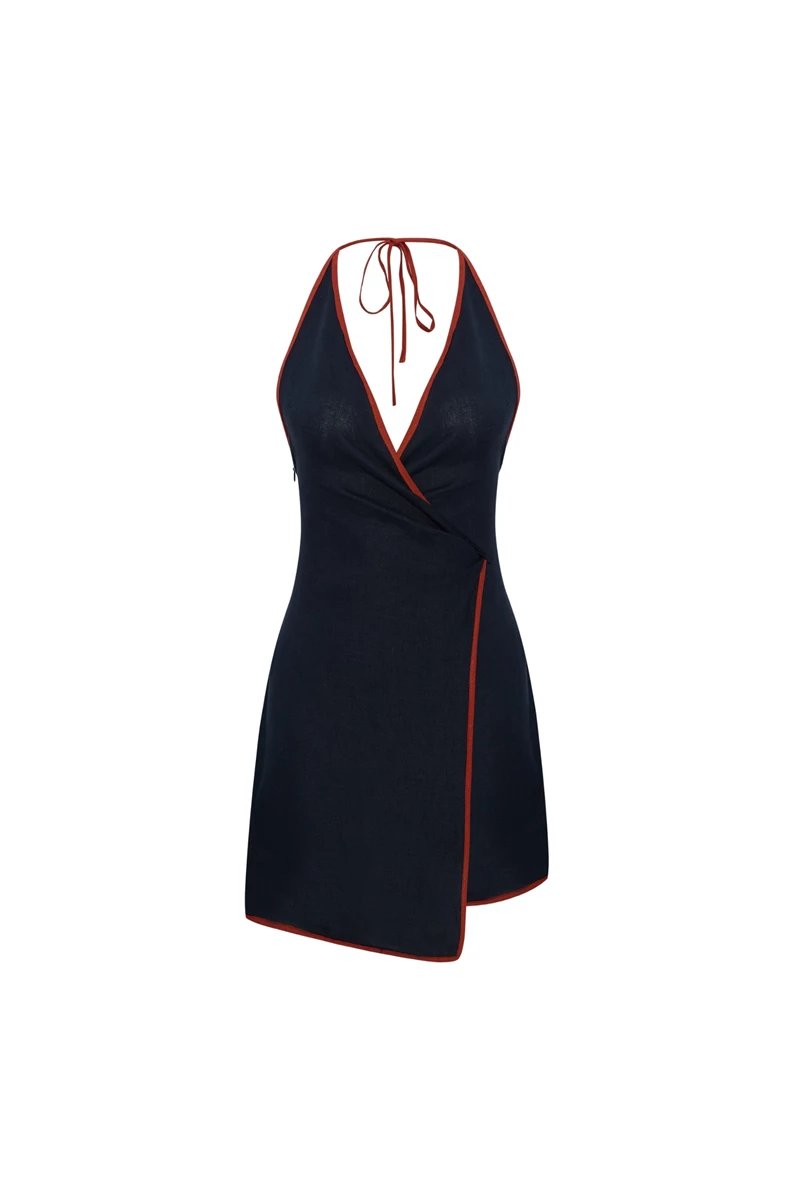 Sadie Navy Linen Wrap Mini Dress