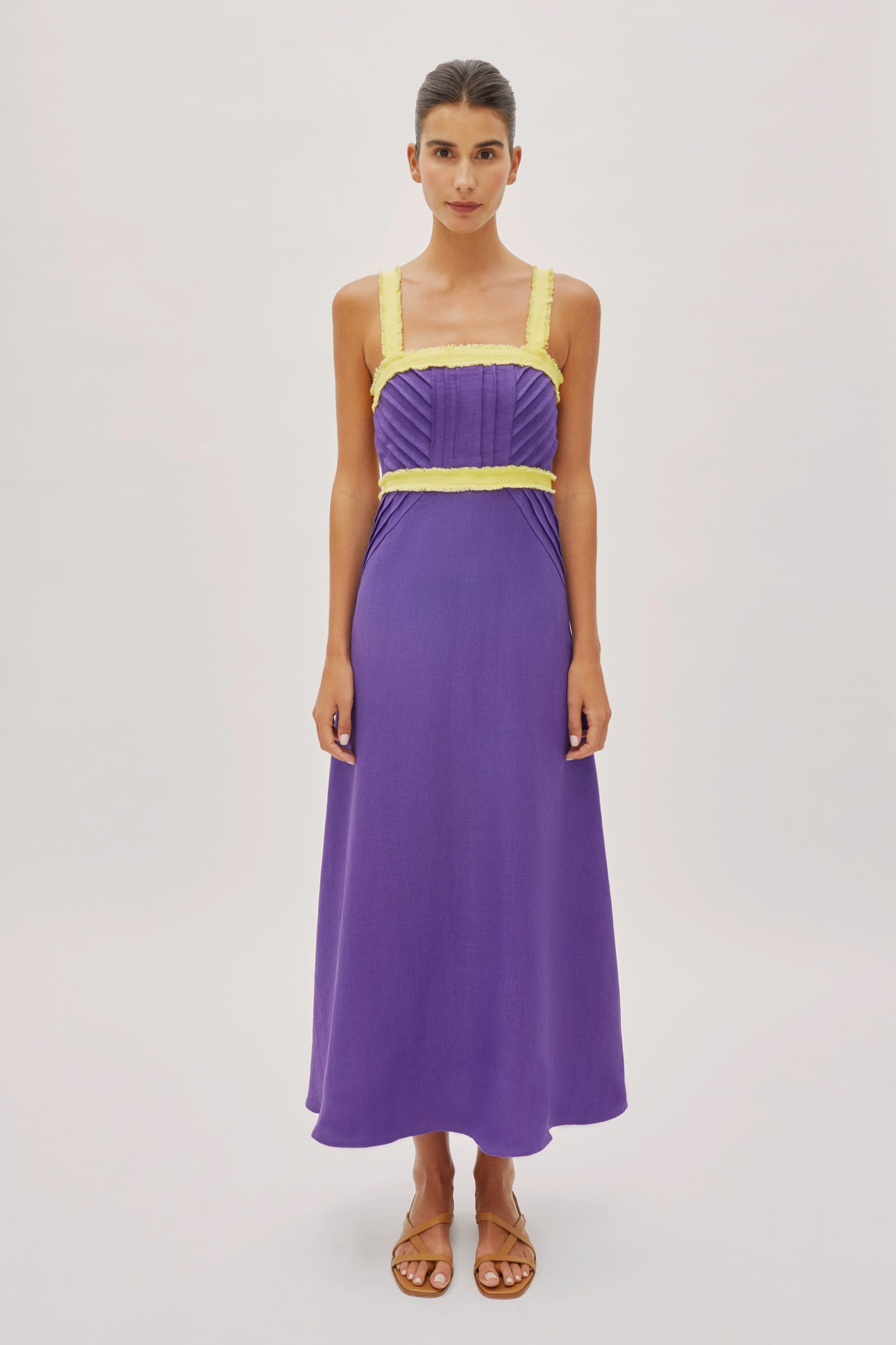 Sicily Purple and Yellow Linen Contrast Strap Midi Dress Labeca London