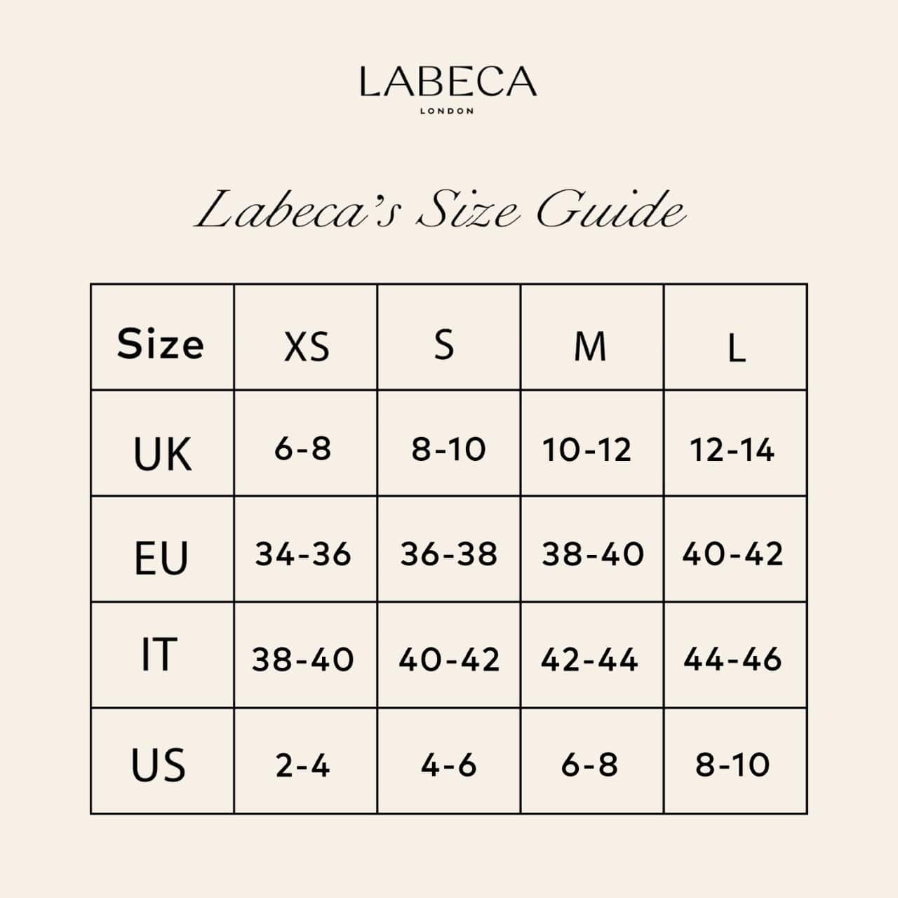 Labeca London Size Guide