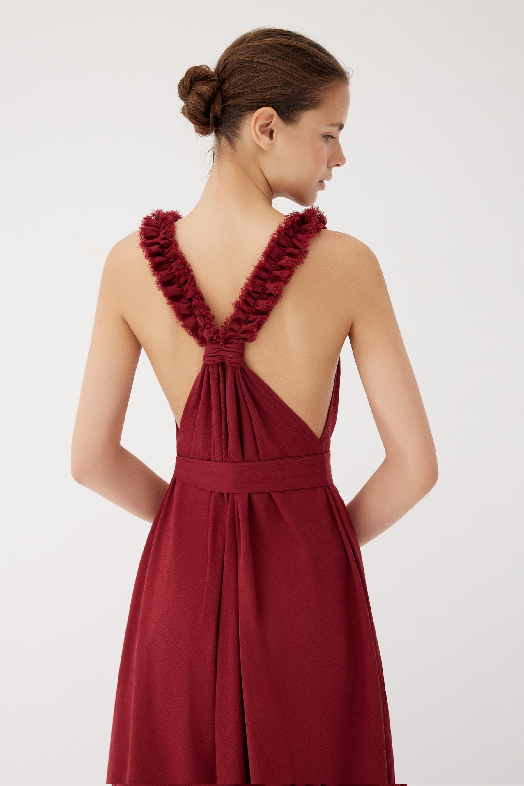 red ruffle strap dress