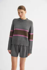 Cloudy Grey and Pink Striped Cashmere-Blend Sweater