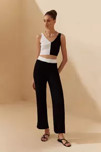 Black and White Ribbed Flared Pants
