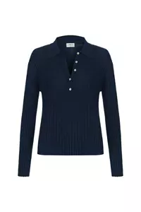 Navy Ribbed Button Up Long Sleeve Top