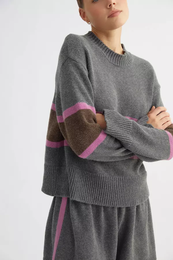 Cloudy Grey and Pink Striped Cashmere-Blend Sweater